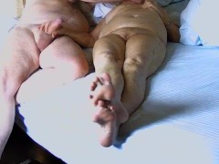 Homemade Mature StepAunt Hand job Gets Cum On Legs & Feet Footjob