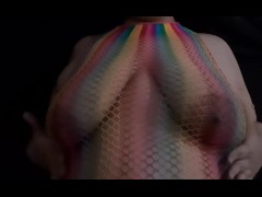 Playing with tits in fishnets