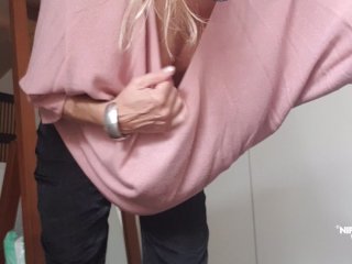 NippleringloverHorny Milf Flashing Extreme Pierced Nipples While Getting Dressed atHome