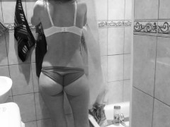Slim MILF small tits and big booty washes and pees in the shower.