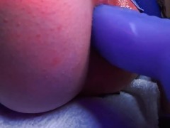 Girl in blue suit Gaping her ass with big dildo | Close up