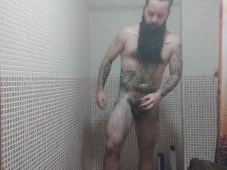 Solo Male. Bearded & Tattooed Bear In The Shower