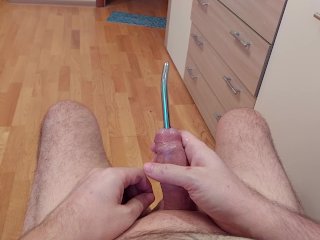 Urethral Beads String Insertion All the Way.Cumshot Through Hollow Urethral Plug_with Glans Ring