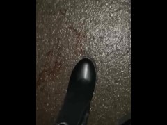 Smoking Crossdresser crushing at public truck stop in latex & heels