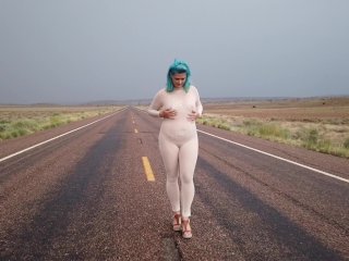 Milf In Sheer Catsuit Walking Down Highway