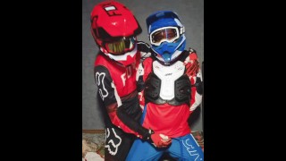 A guy in a motocross gear gets a portion on his mxhelmet