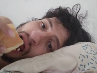 Guy Stuff Himself W Hot Dogs Laid In Hia Bed, Relaxing