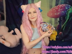 Cute girl opening pokemon cards and flashing her big tits - NekoGodess (full video on fansly)