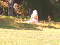 Voyeur watching horny slut use a fantasy dildo at the park. She needs a real one