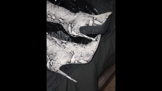 I cum on wife's snake skin thigh high boots