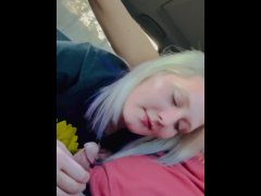 Shy blonde girl gives a blowjob while driving amateur couple video