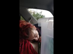 Petite redhead sucks bwc in public with people all around