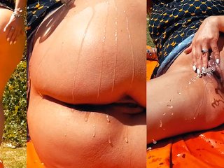 Girl Drinks Beer In The Park. She Rubs Her Pussy Until She Cums. Real Squirt Orgasm
