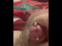 Pierced dick cums from solo masterbation