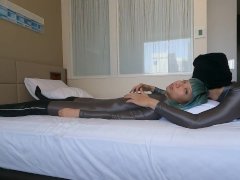 Girl in Shiny Tights Gets Her Nipples Touched by Man
