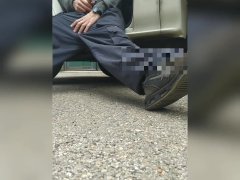 Piss desperated outdoors and cumshot on a track After long drive