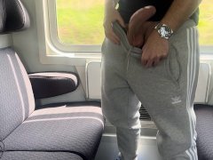 Jerking my thick cock and cumming on the train in public