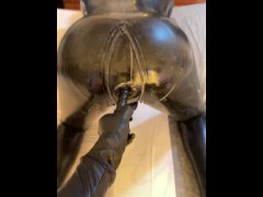 Latex suit ass condom dildo play with fetish friend