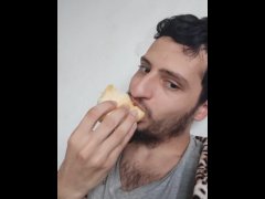 Vertical video of HAIRY MEN EATING HOT DOGS big hot mouth