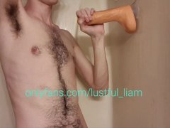 Getting covered in cum after playing with huge dildo and showing off my hairy armpits