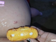 Latina wife eating a stranger's load off her ass with a twinkie