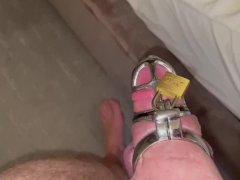 Cuckold chastity cock cage with QOS hotwife fucks black stranger in hotel