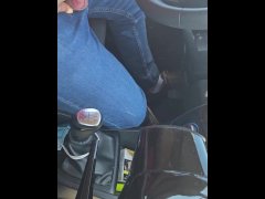 Stroking cock while driving in thight high stripper boots high heels perfect girl