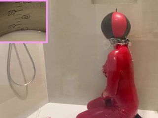 4 Liters Enema_in PVC_Catsuit and_Latex Inflatable Mask