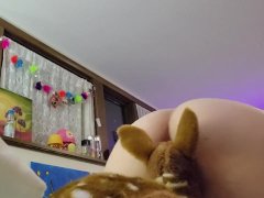 cute pudgy babygirl letting her plush toy deer soak in her sexy scents and wetness