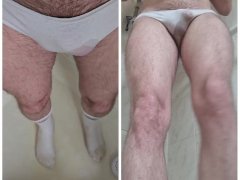 Dual view Pissing in panties and on to dirty white socks