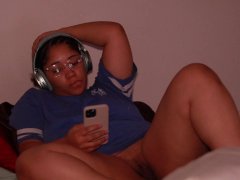 Horny mom quietly watches porn makes her tight hairy pussy cum