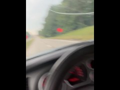 Blonde milf sucks dick while driving down the road. Road head  amateur blowjo