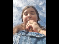 Pigtailed Teen Vapes Outside