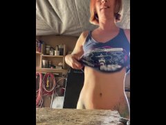 Super hot milf pissing on counter top of shed