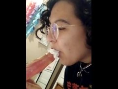 Femboy Licks Whip Cream Off Dildo