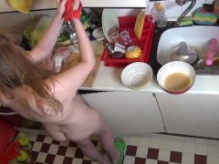 Naked housewife cooks ramen for her husband at home