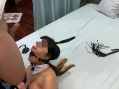 BDSM - Blindfolded Playboy bunny maid GOT tease with whips n face fucked hard till cum on her face