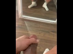 Muscle guy jerking off infront of his mirror cumming all over it