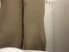 girl pees doggy style at work in a public toilet
